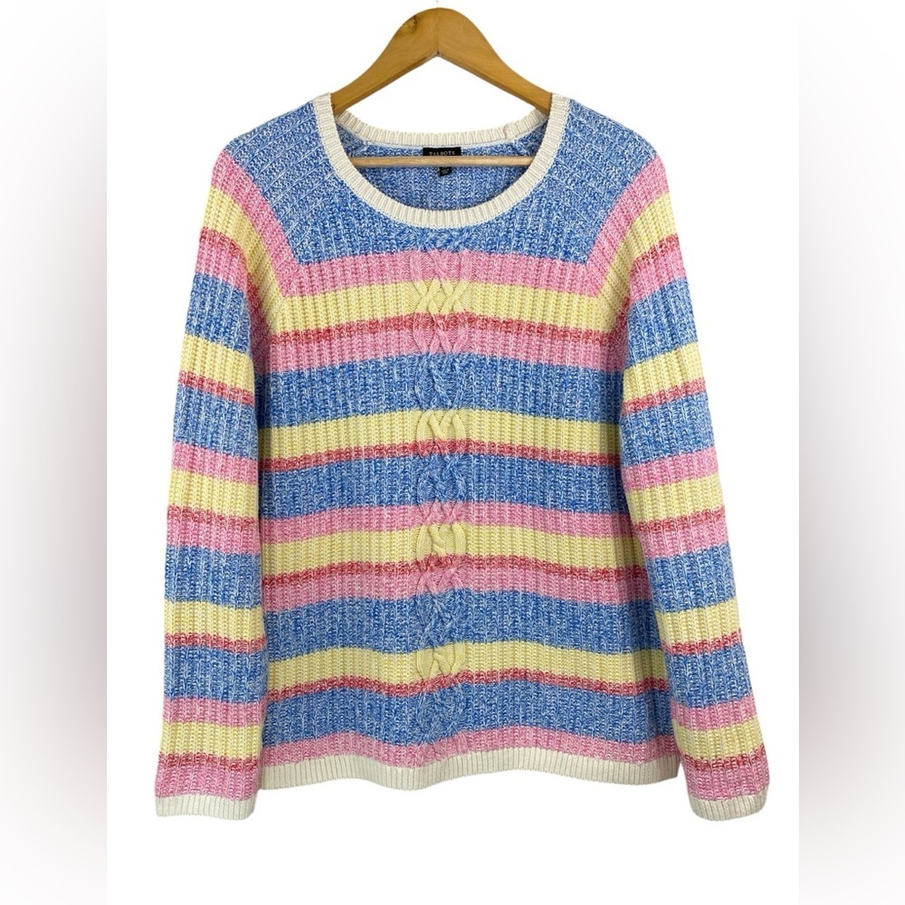 NWOT Talbots Women’s XL Pastel Rainbow Cable Knit Sweater Long Sleeve Cotton